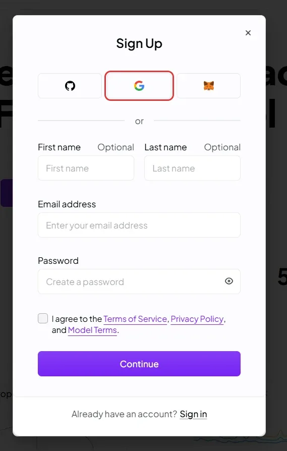 Sign Up の画面。GitHub、Google、MetaMask のボタンが並び、Google のボタンに赤い枠