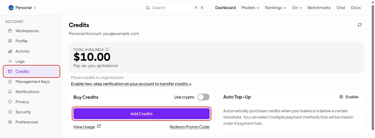 Credits の画面。左のメニューの Credits と、Add Credits ボタンに赤い枠