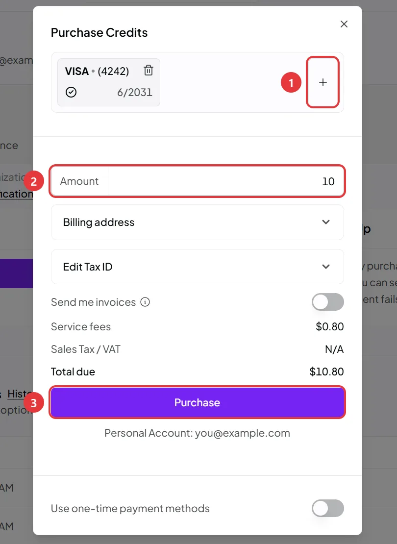 Purchase Credits の窓。①カードを足す＋ボタン、②Amount の欄、③Purchase ボタン