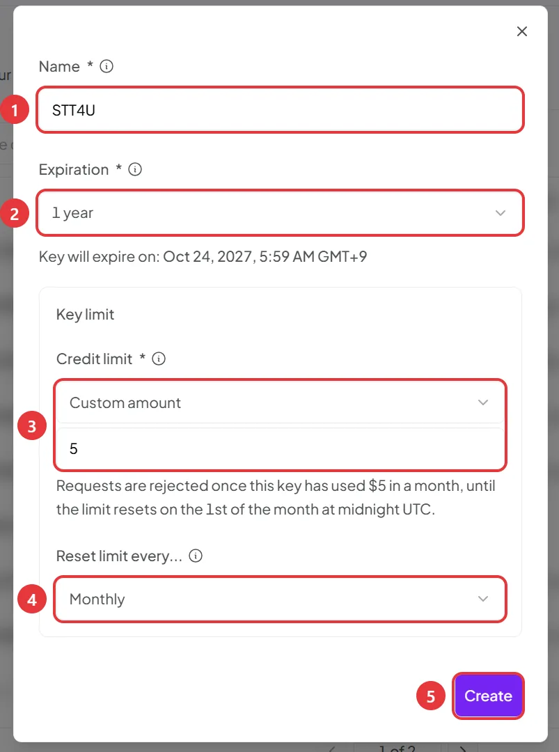 Create API Key の窓。①Name に STT4U、②Expiration に 1 year、③Credit limit に Custom amount で 5、④Reset limit every に Monthly、⑤Create ボタン