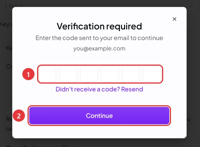 Verification required の窓。①6桁のコードを入れる枠、②Continue ボタン