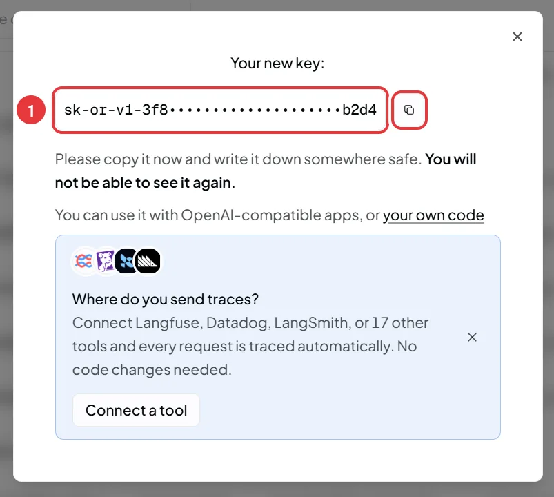 Your new key の窓。①キーの文字列と、その横のコピーのボタン